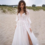 Long Sleeve Tulle Prom Evening Dresses Long Lace Applique A Line Ball Gown 2027