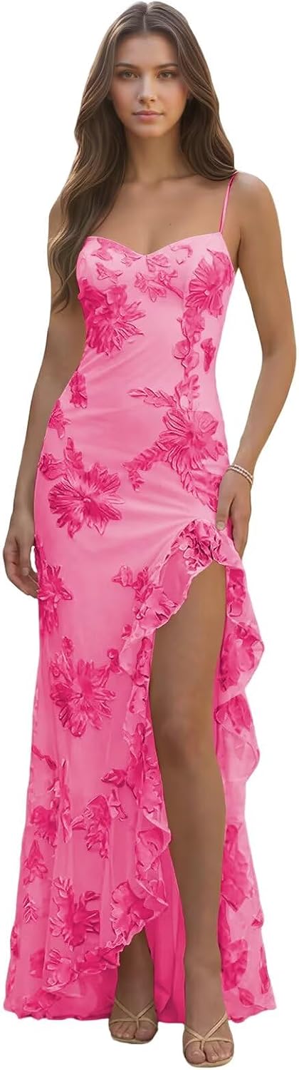 Spaghetti Straps Floral Embroidery Mermaid Prom Dress 2026 Long Corset Formal Evening Gowns with Ruffle Slit