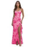 Spaghetti Straps Floral Embroidery Mermaid Prom Dress 2026 Long Corset Formal Evening Gowns with Ruffle Slit