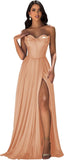 Strapless Prom Dress with Slit Satin A Line Long Ball Gowns for Women Sweetheart Corset Formal Dress with Pockets