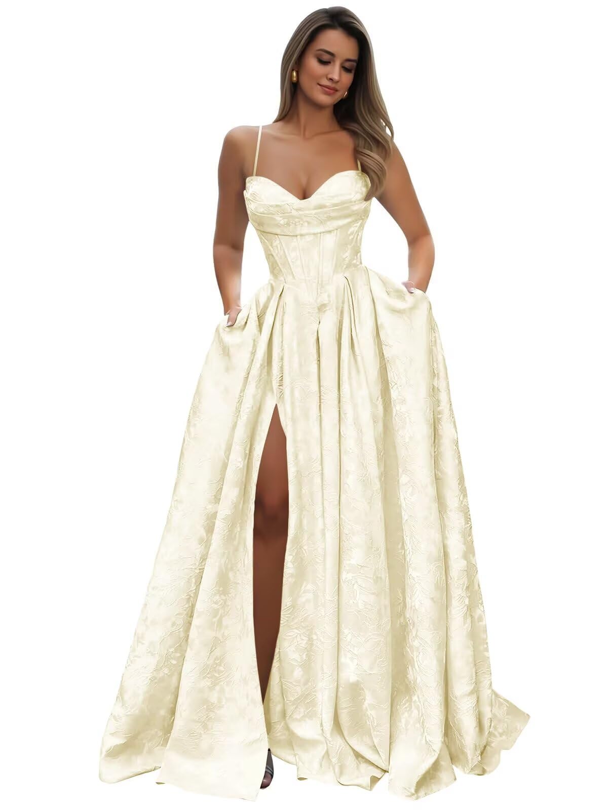 Jacquard Satin Spaghetti Straps Prom Dresses for Women Aline Backless Formal Evening Party Ball Gowns with Pockets