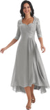 Women's Tea Length Mother of The Bride Dresses for Wedding Short Sleeves Lace Applique Formal Evening Prom Gowns