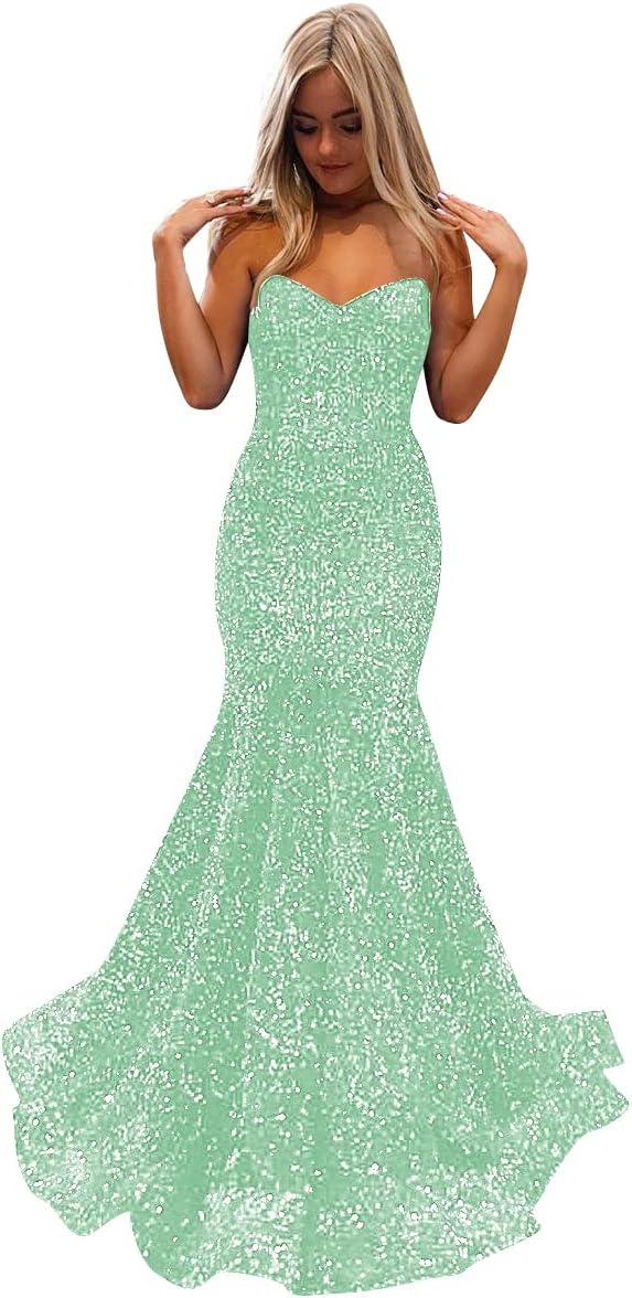 Women's Strapless Sequin Prom Dresses with Train Criss-Cross Mermaid Long Formal Evening Gowns