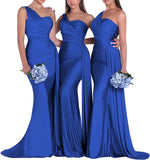 Women's One Shoulder Mermaid Bridesmaid Dresses Long Ruched Bodycon Satin Formal Prom Gowns