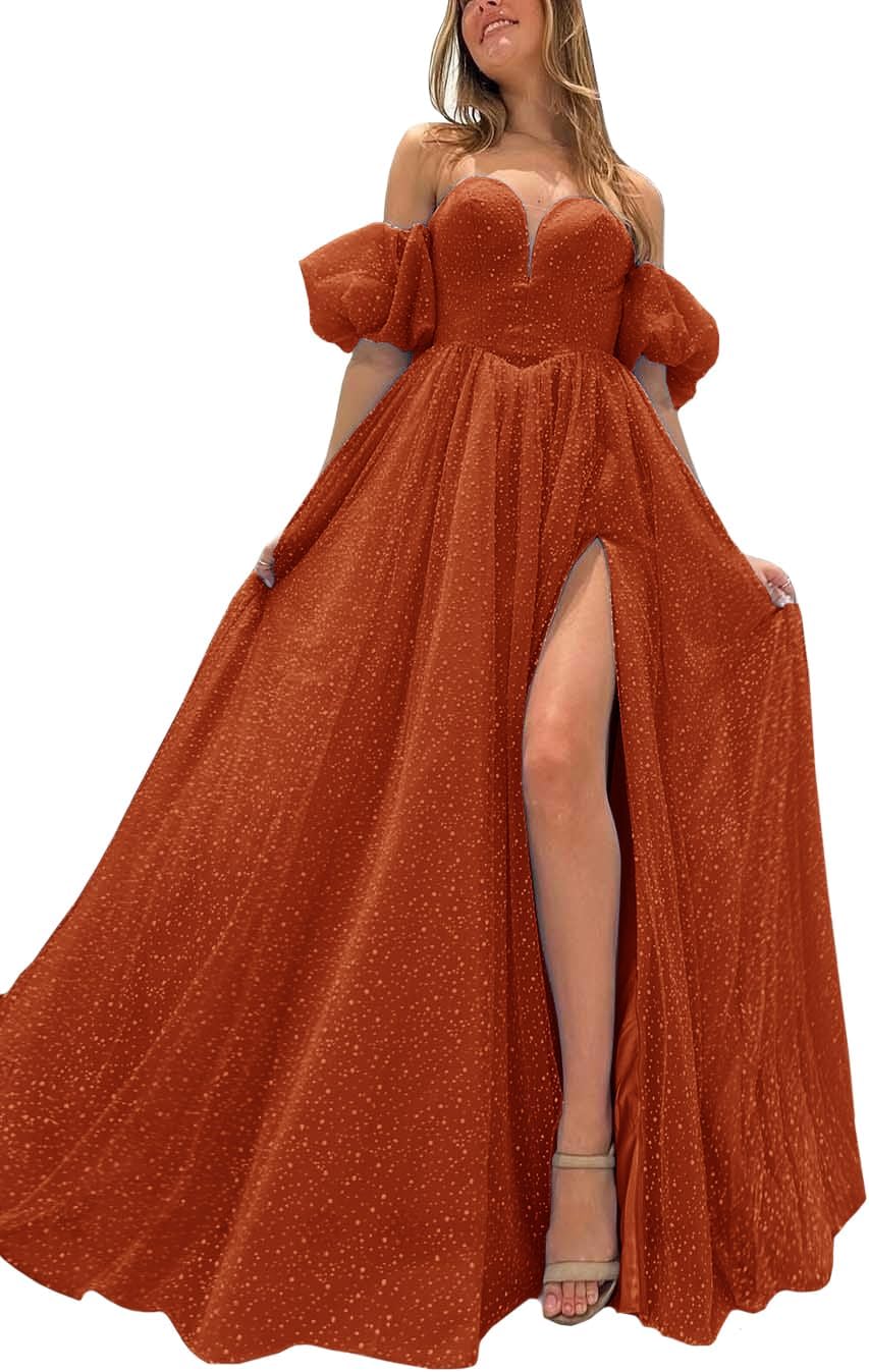 Tulle Prom Dresses for Women 2027 Sparkly Puffy Sleeves Long Ball Gowns with Slit A-Line Evening Dresses