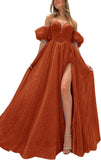 Tulle Prom Dresses for Women 2027 Sparkly Puffy Sleeves Long Ball Gowns with Slit A-Line Evening Dresses