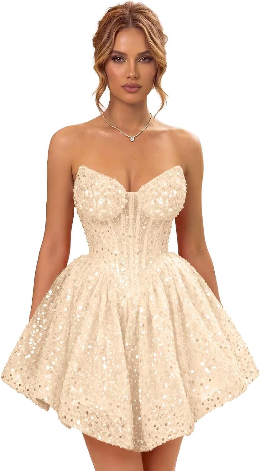 Strapless Sequin Homecoming Dresses for Teens 2026 Sparkly A-line Short Prom Dress Corset Cocktail Party Gowns