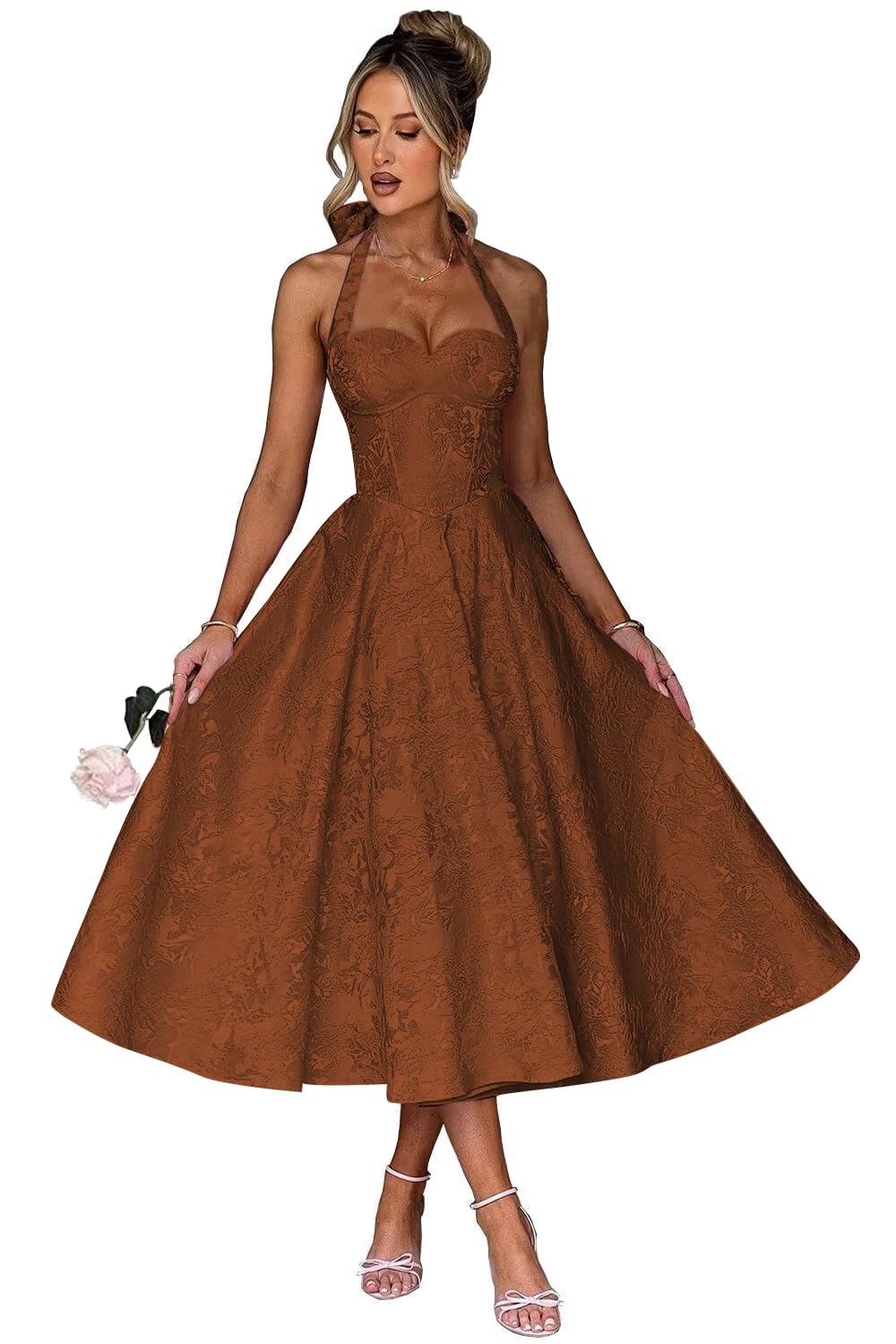 Jacquard Satin Prom Dresses for Women Vintage A-Line Midi Halter Sweetheart Formal Evening Party Gowns with Pockets