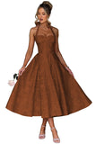 Jacquard Satin Prom Dresses for Women Vintage A-Line Midi Halter Sweetheart Formal Evening Party Gowns with Pockets