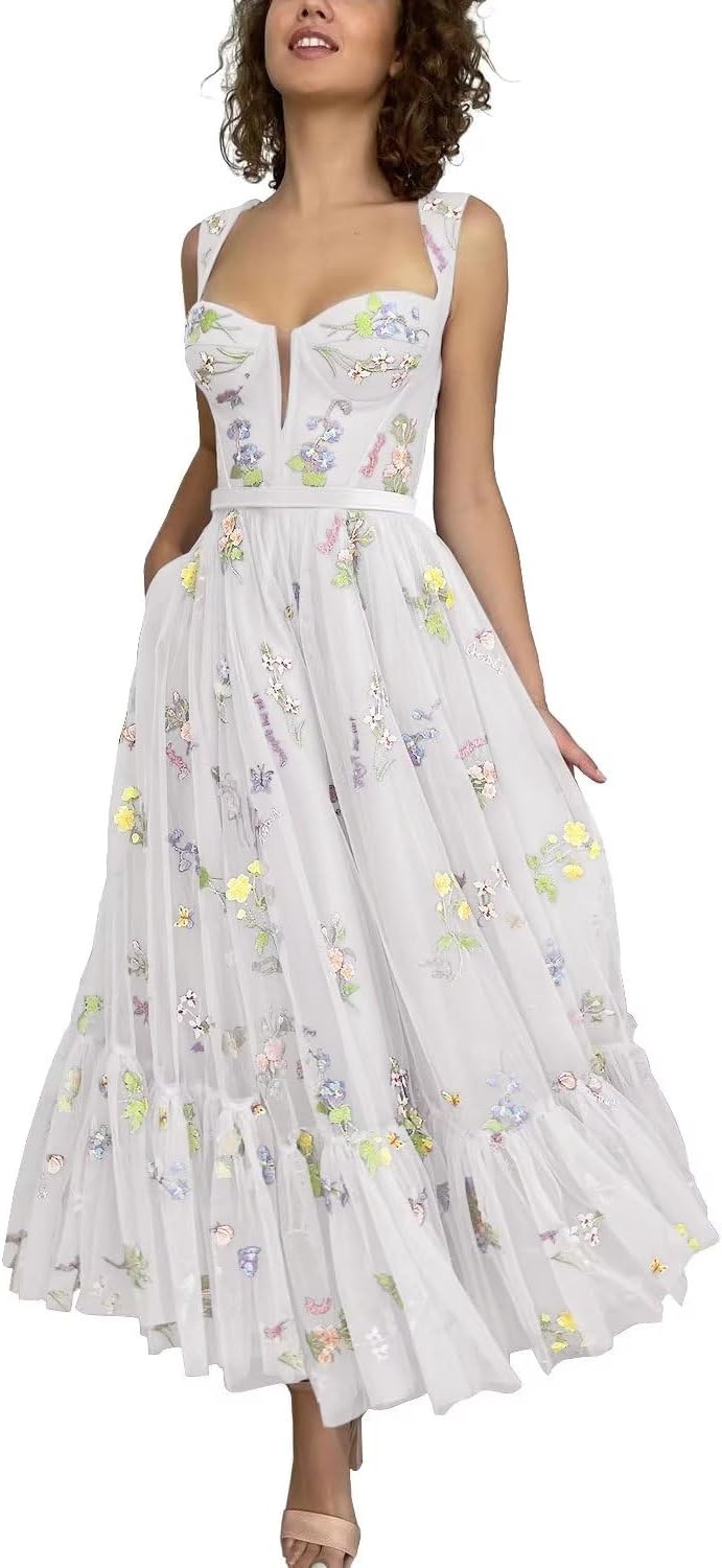 Vestidos de tul con bordado floral para mujer 2024, vestidos formales de fiesta de noche 