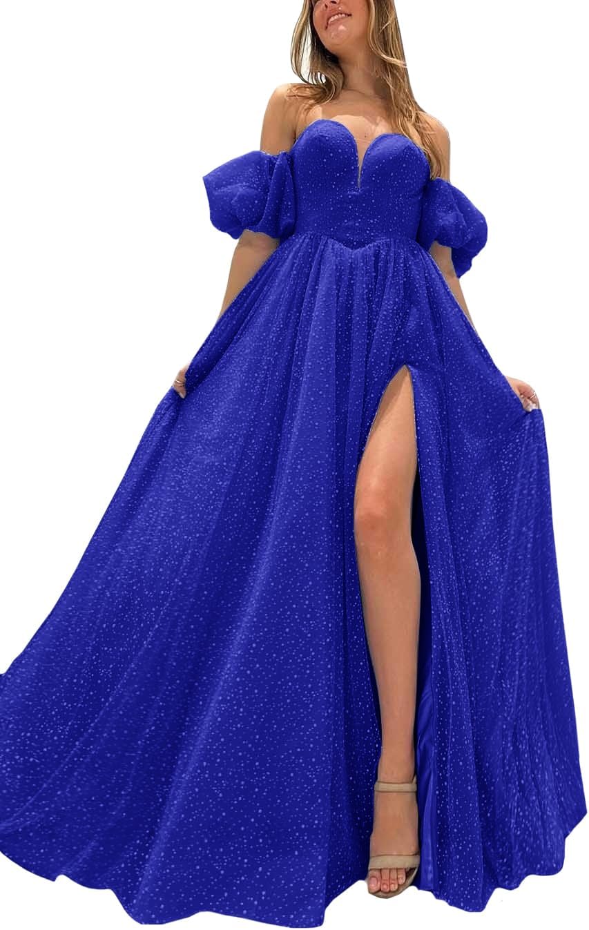 Tulle Prom Dresses for Women 2027 Sparkly Puffy Sleeves Long Ball Gowns with Slit A-Line Evening Dresses