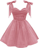 Tulle Short Homecoming Dress for Teens Sparkly Lace DAMA Dresses for Quinceanera Spaghetti Straps Bow Prom Gown