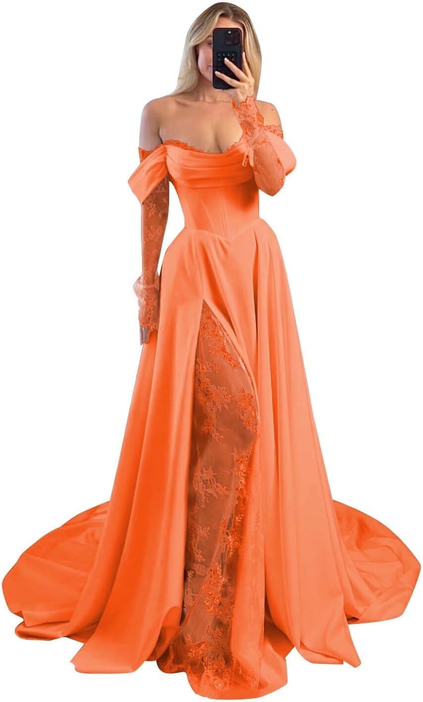 Off Shoulder Satin Wedding Dresses Lace Long Sleeve Prom Dresses Corset A-Line Ball Gowns with Slit