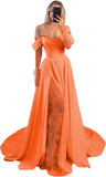 Off Shoulder Satin Wedding Dresses Lace Long Sleeve Prom Dresses Corset A-Line Ball Gowns with Slit