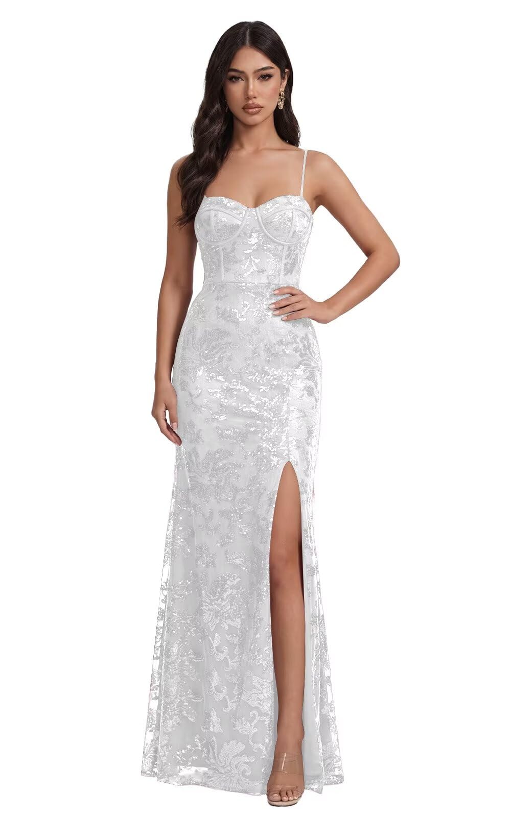 Mermaid Sequin Lace Prom Dresses Long for Women 2026 Spaghetti Straps Corset Formal Evening Party Gown with Slit