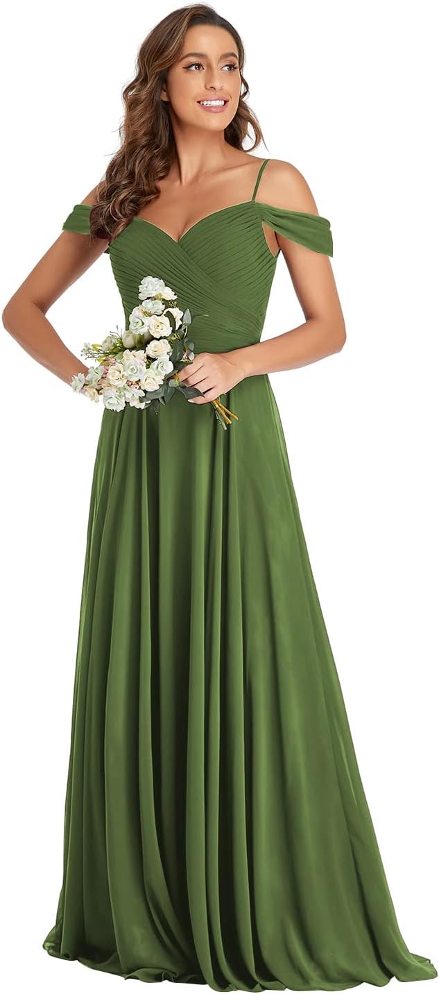 Off The Shoulder Chiffon Bridesmaid Dresses Long Spaghetti Straps A Line Formal Party Dress