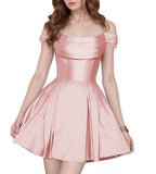 Satin Homecoming Dresses Short Wedding Dresses 2026 Off Shoulder Prom Dress with Pockets A Line Formal Party Gown
