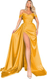 Women's Off Shoulder Mermaid Prom Dresses Long with Slit Pleates Wrap Satin Formal Evening Gowns