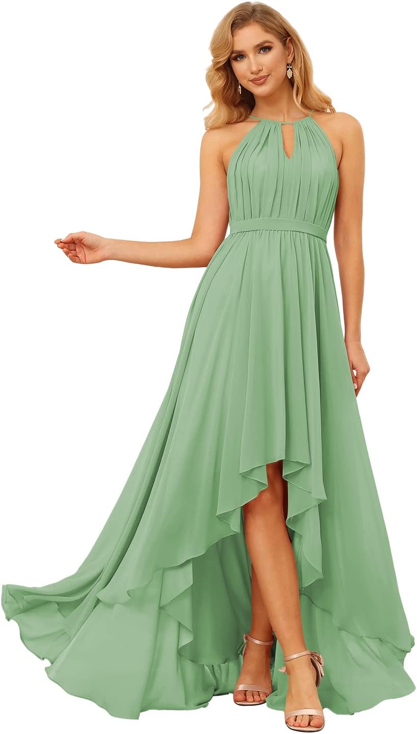 Damen Neckholder Brautjungfernkleider Lang mit Taschen High-Low Falten Formelles Kleid für Hochzeit 