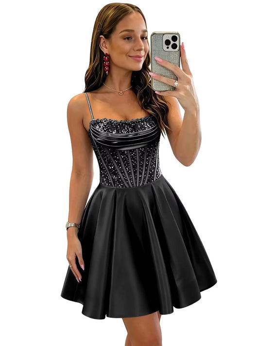 Sequin Satin Short Homecoming Dresses for Teens Corset Mini Graduation Dress Sparkly A Line Cocktail Party Gowns
