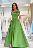Women's One Shoulder Prom Dresses Long Satin Side Slit Formal Evening Gowns with Pockets
