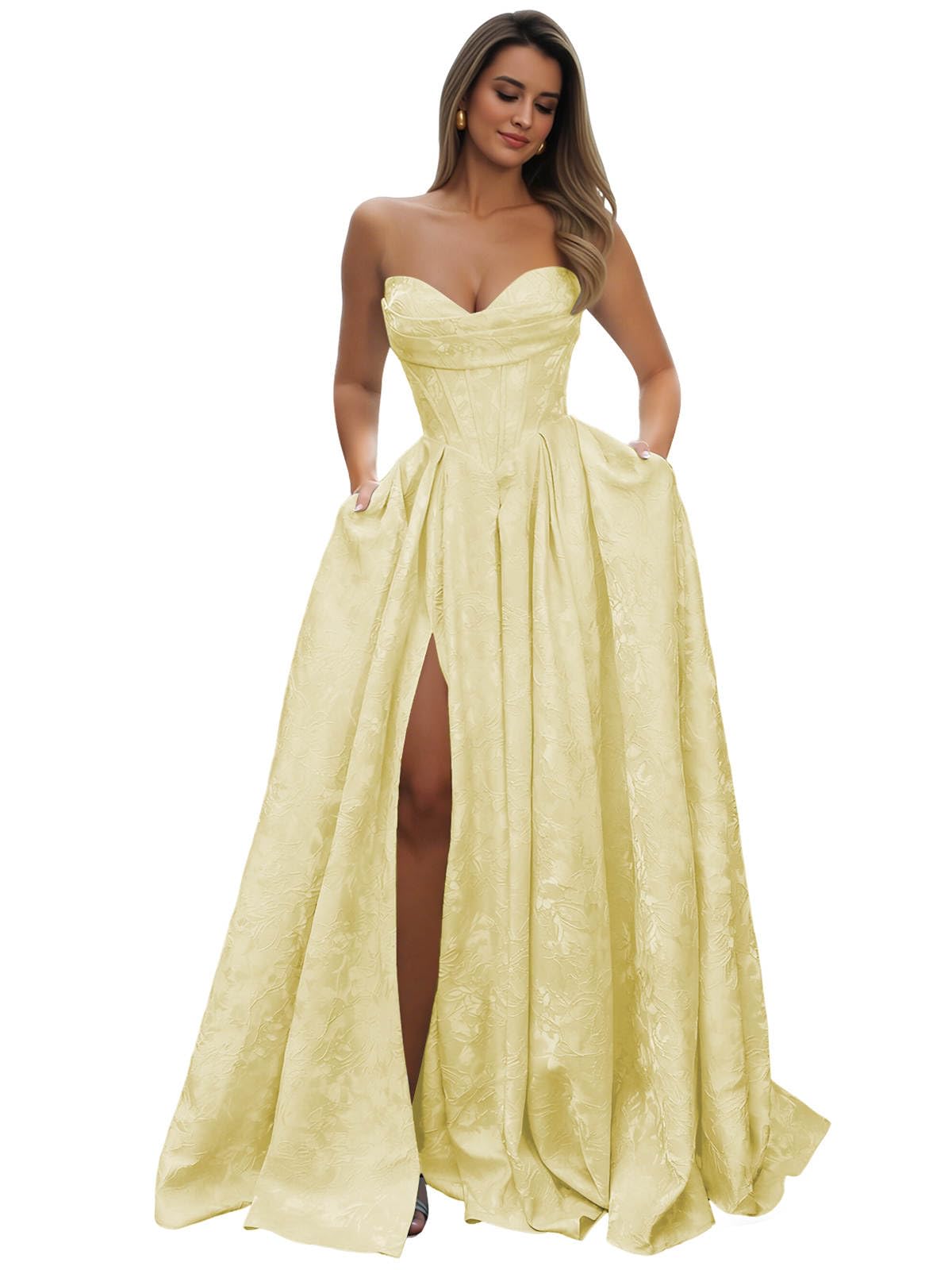 Strapless Prom Dress Jacquard Satin Ball Gown Pleated A Line Long Corset Formal Evening Dresses with Slit Pockets