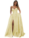 Strapless Prom Dress Jacquard Satin Ball Gown Pleated A Line Long Corset Formal Evening Dresses with Slit Pockets