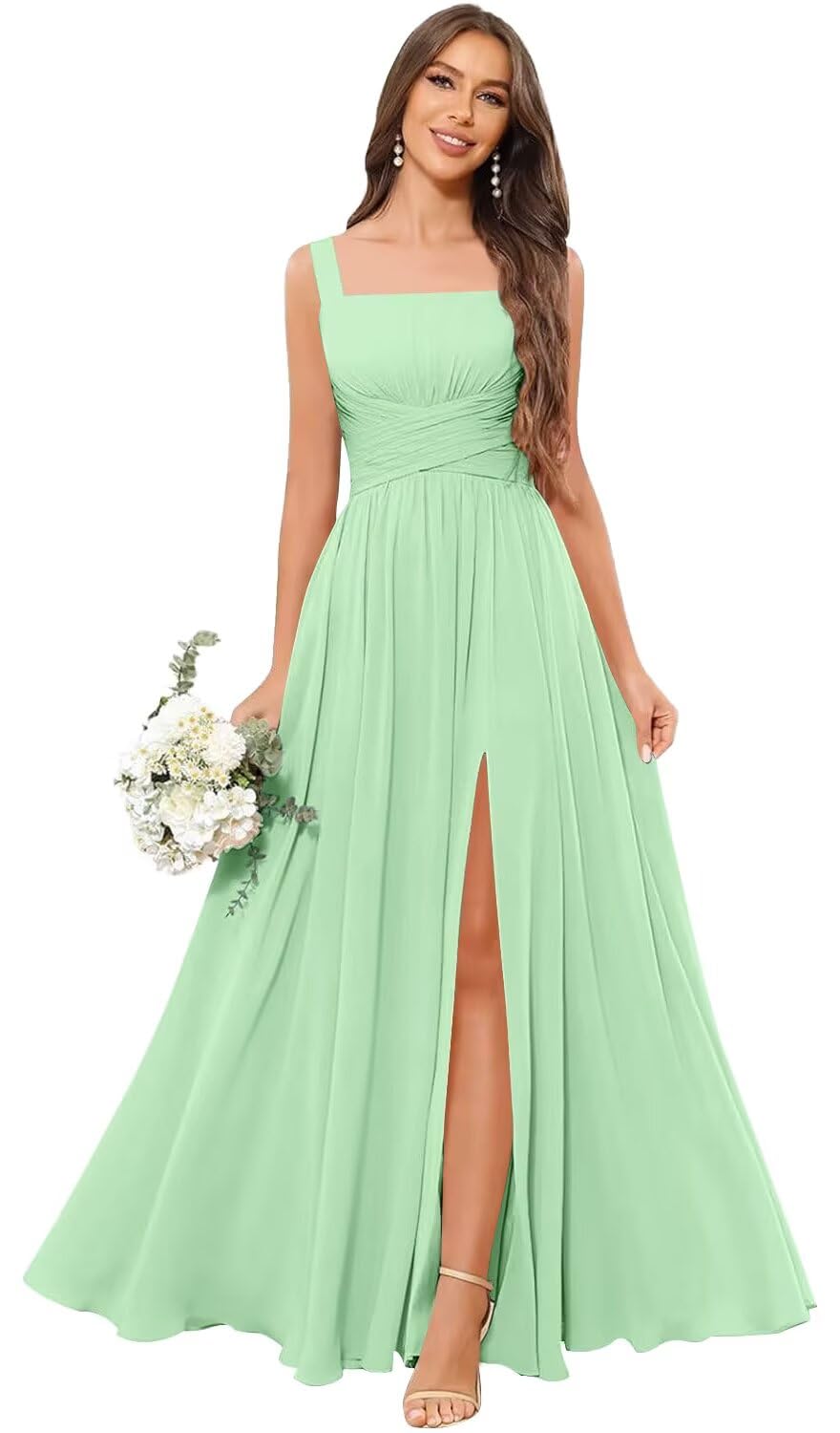 Kingbridal Chiffon A-line Bridesmaid Dresses for Women 2027 Long Square Neck Pleated Formal Evening Party Dress with Slit
