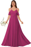 Women's Long Chiffon Bridesmaid Dresses Ruffle V Neck Formal Evening Prom Gown Spaghetti Strap Maxi Wedding Guest Dress