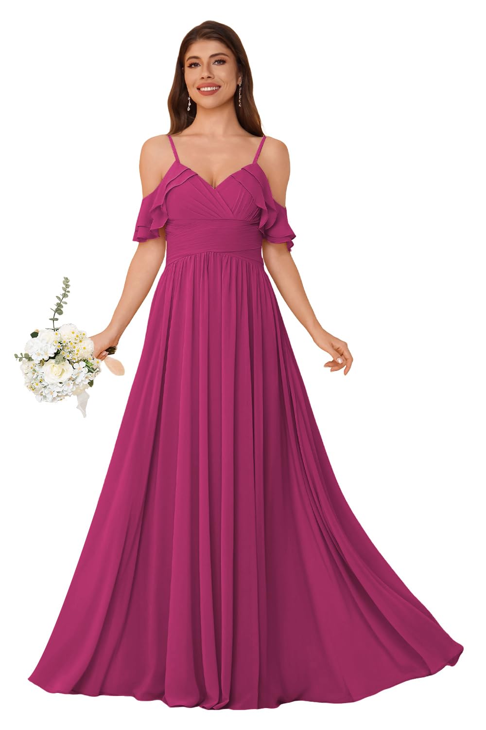 Women's Long Chiffon Bridesmaid Dresses Ruffle V Neck Formal Evening Prom Gown Spaghetti Strap Maxi Wedding Guest Dress