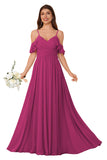 Women's Long Chiffon Bridesmaid Dresses Ruffle V Neck Formal Evening Prom Gown Spaghetti Strap Maxi Wedding Guest Dress
