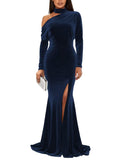 Mermaid Velvet Prom Dresses with Slit 2027 Long Sleeve Formal Dress for Women One Shoulder Evening Party Gowns
