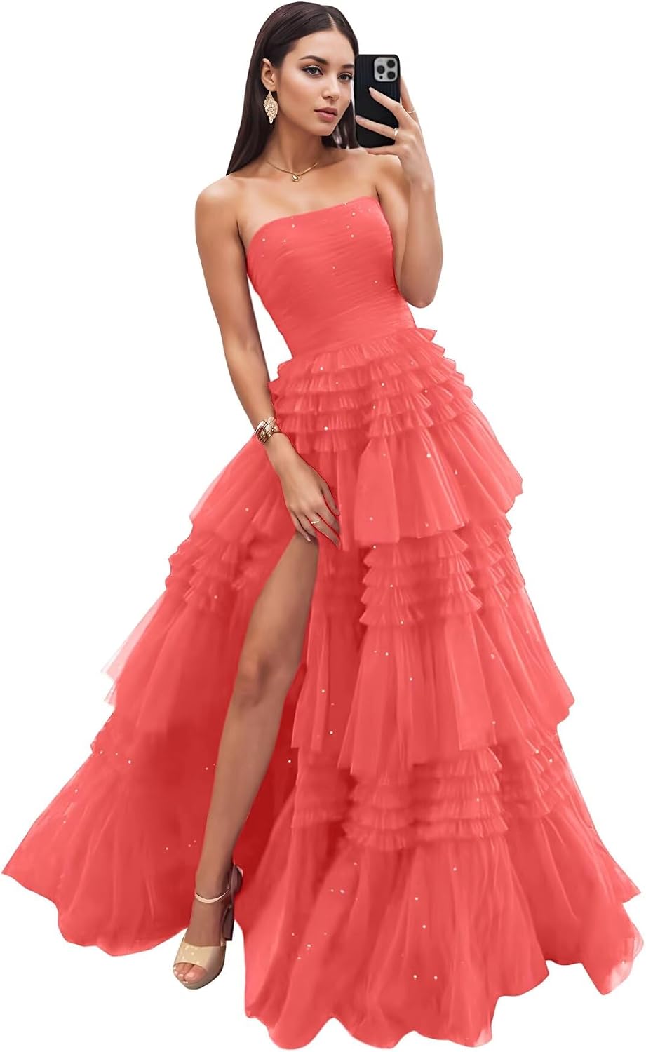 Strapless Tiered Tulle Prom Dresses for Women 2027 Long Sparkly A-Line Formal Evening Party Ball Gowns with Slit