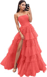 Strapless Tiered Tulle Prom Dresses for Women 2027 Long Sparkly A-Line Formal Evening Party Ball Gowns with Slit