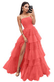 Strapless Tiered Tulle Prom Dresses for Women 2027 Long Sparkly A-Line Formal Evening Party Ball Gowns with Slit