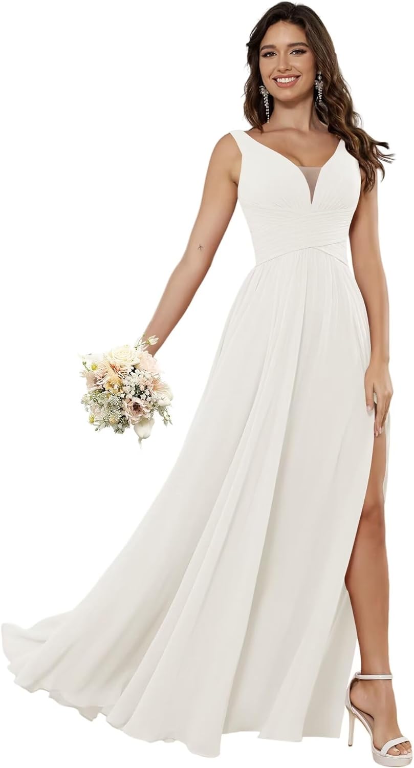 Vestidos de dama de honor sencillos de gasa para mujer con bolsillos, vestidos formales largos con escote en V y abertura 