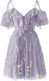 Vestidos de fiesta cortos de tul con bordado floral para mujer, vestidos formales para adolescentes 