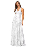 Jacquard Floral Lace Bridesmaid Dresses for Women Long A-Line Open Back Halter Formal Gown