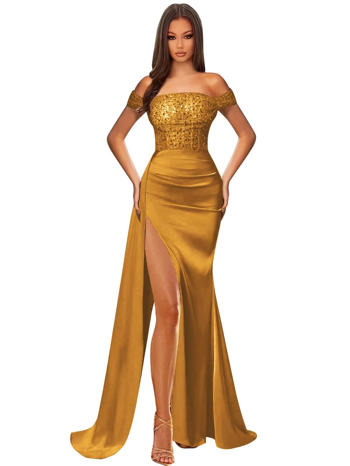 Off Shoulder Sequin Prom Dresses for Women 2027 Long Mermaid Tight Satin Formal Evening Party Dress with Slit