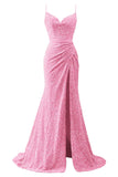 Spaghetti Straps Sequin Prom Dresses for Women 2027 Mermaid Ruched Formal Dress with Slit Sparkly Evening Party Gown
