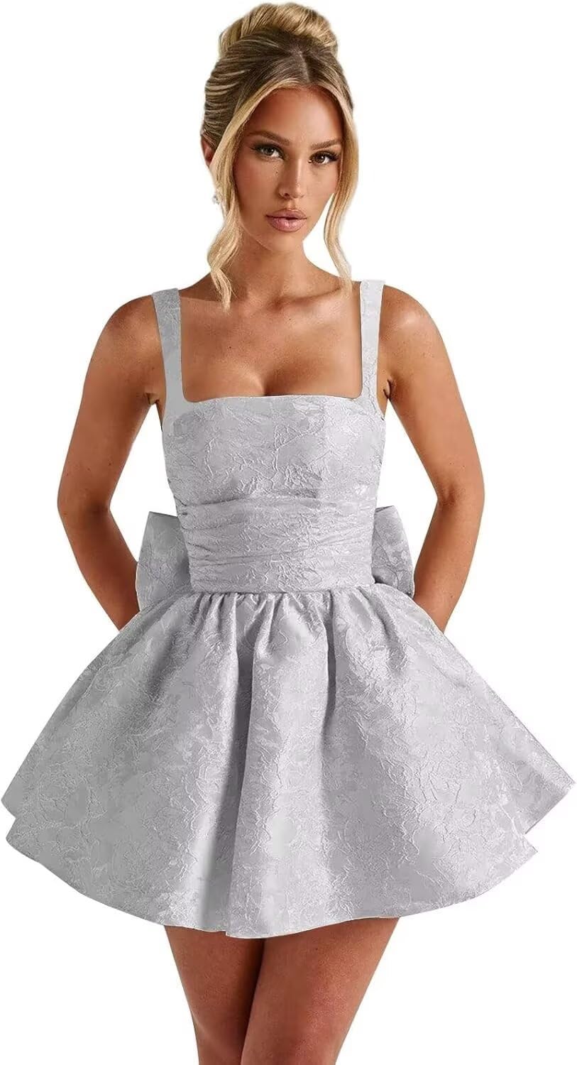 Jacquard Satin Homecoming Dresses for Teens Spaghetti Straps Short Prom Dress A-line Cocktail Party Gowns with Bow