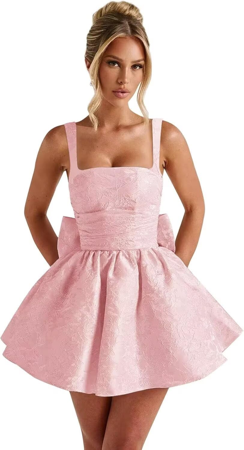 Jacquard Satin Homecoming Dresses for Teens Spaghetti Straps Short Prom Dress A-line Cocktail Party Gowns with Bow