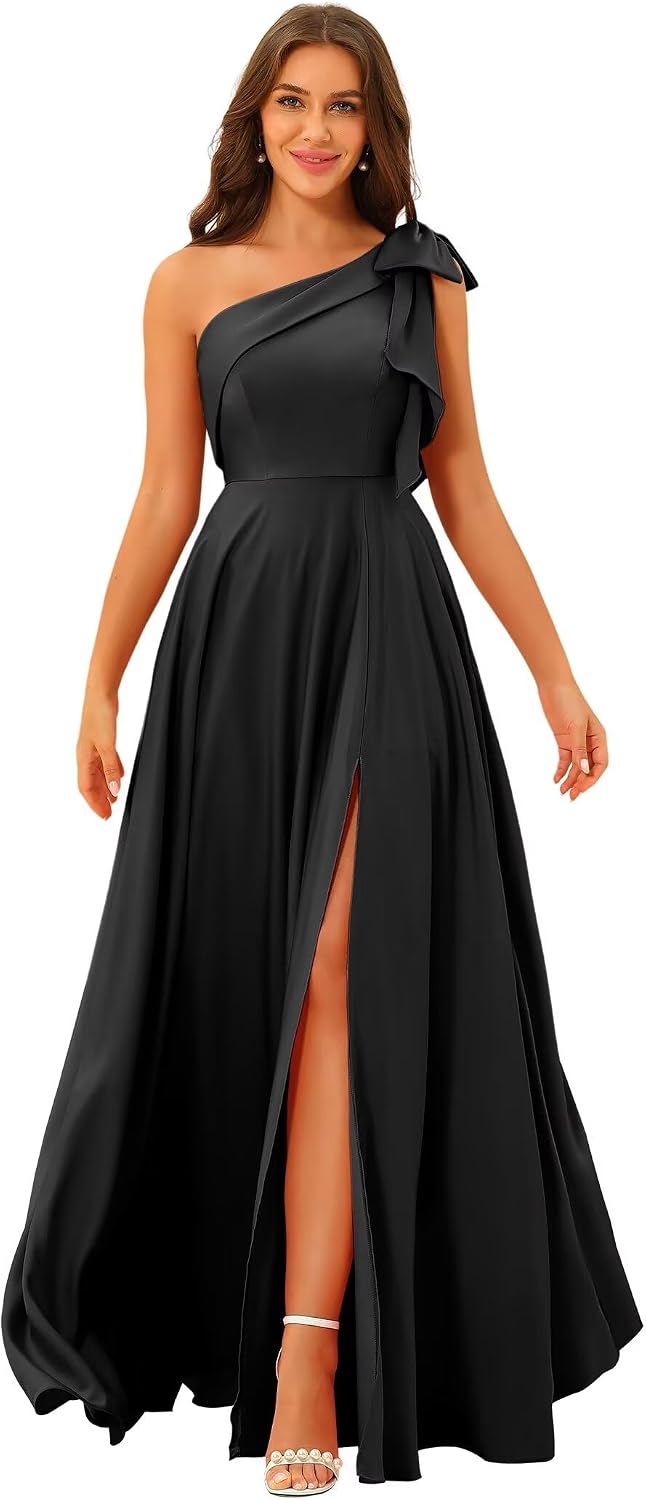 One Shoulder Bridesmaid Dresses Long for Women Satin Formal Gown Wedding Guest Dress