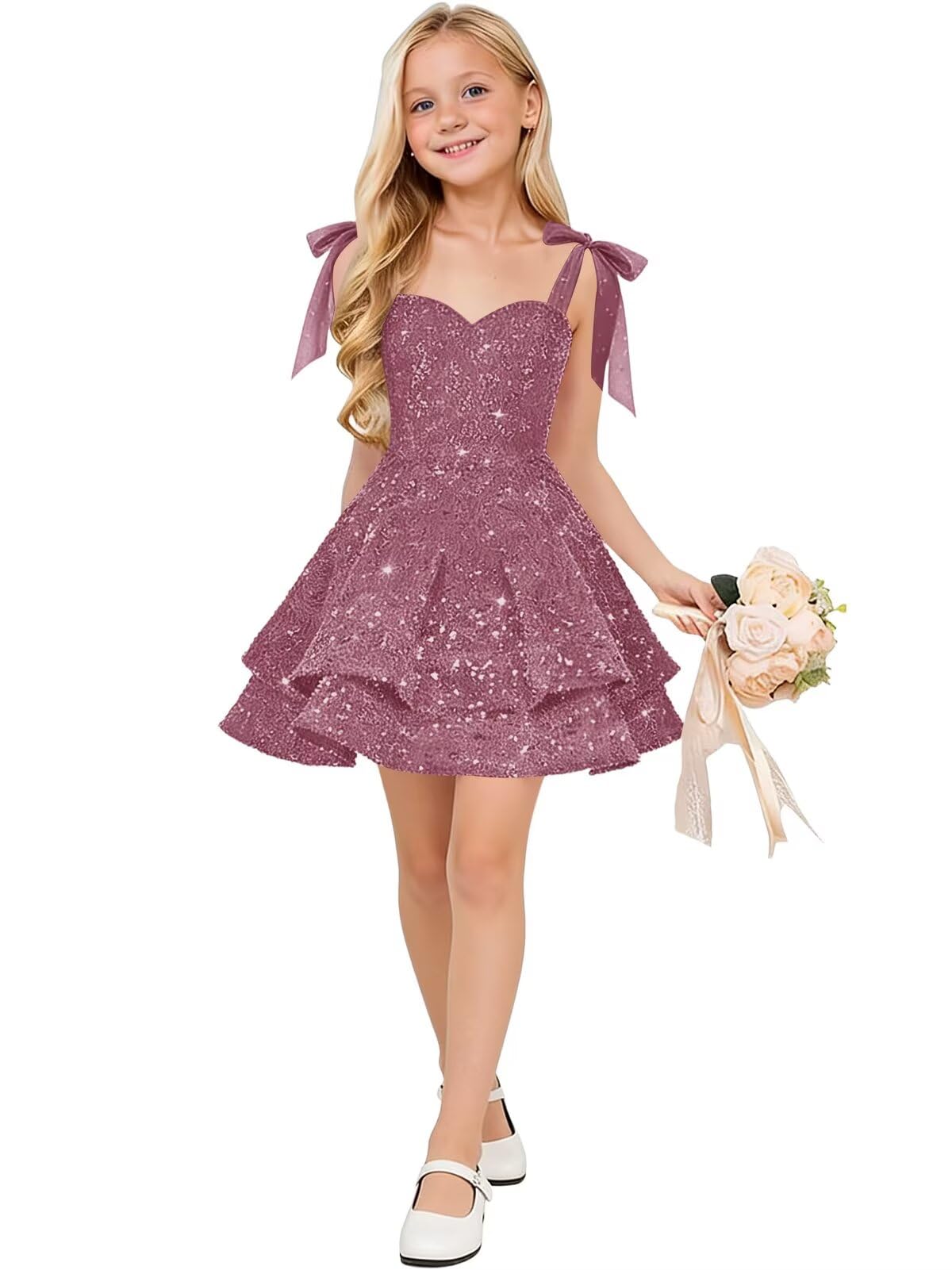 Sparkly Sequin Flower Girl Dress Tiered Cute Bow Spaghetti Straps Sweetheart Toddler Formal Dresses 2026