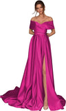 Women's Off Shoulder Long Prom Dresses with Slit 2025 Satin A-Line Sweetheart Corset Formal Evening Dresses with Pockets