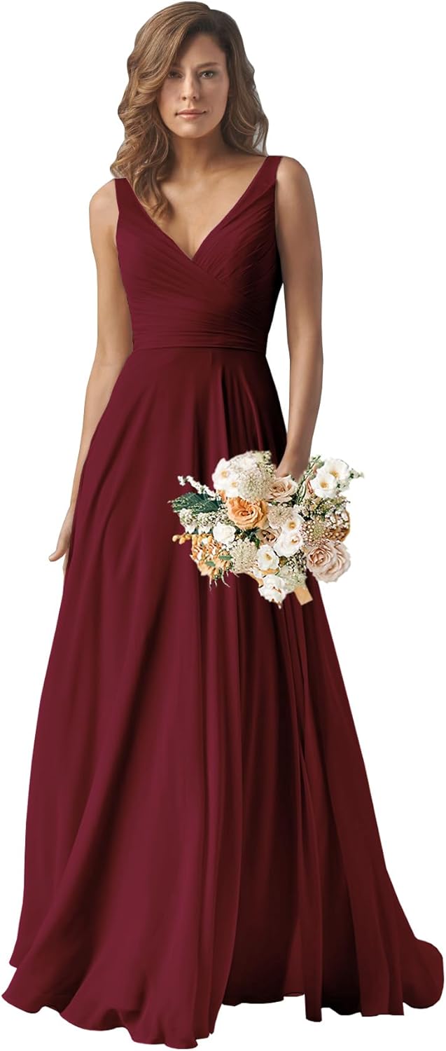 Chiffon Bridesmaid Dresses Long for Women A Line Ruched Formal Porm Evening Gowns