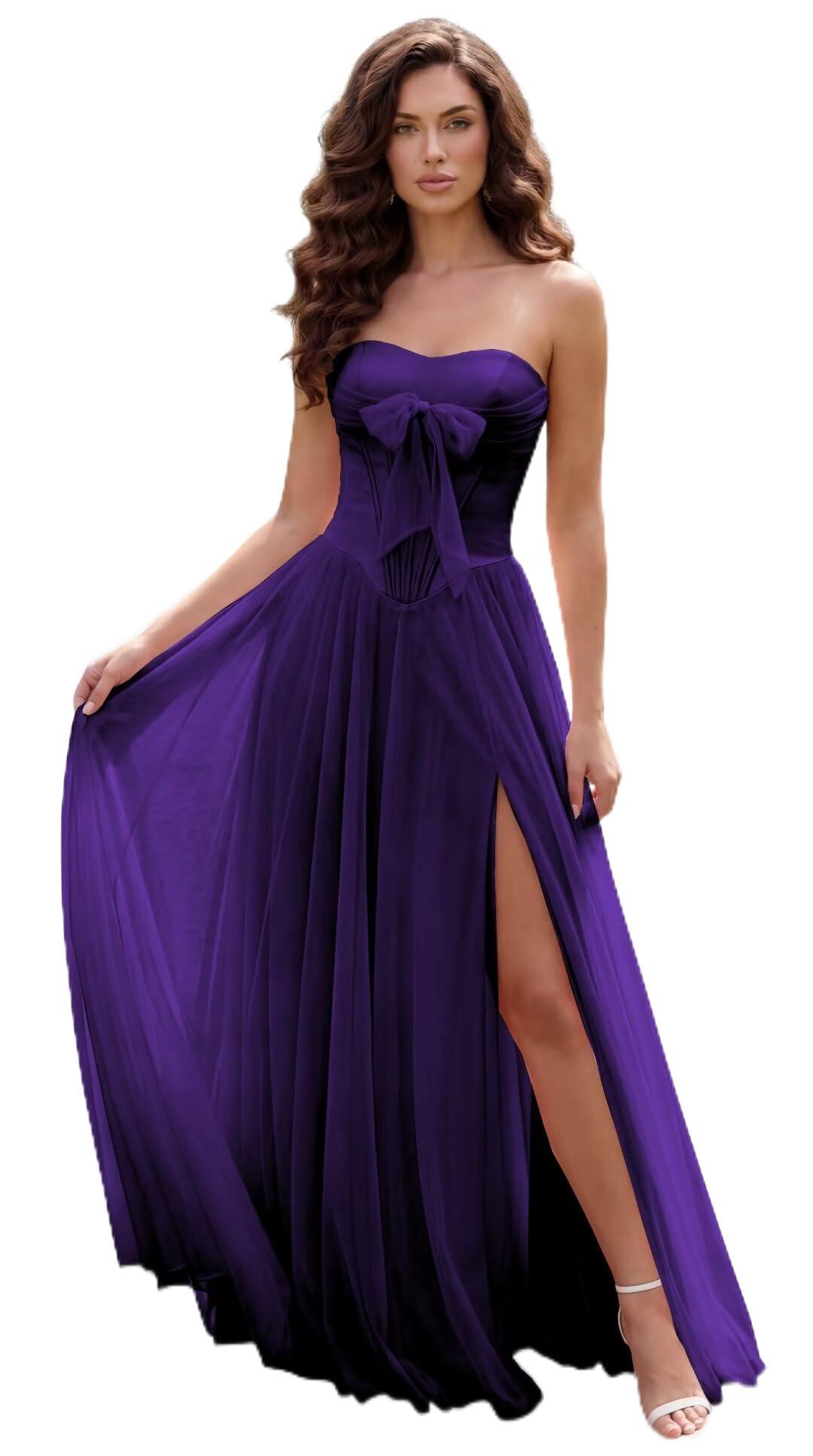 Strapless Chiffon Bow Prom Dresses 2026 Corset Chiffon Pleated A Line Formal Dress