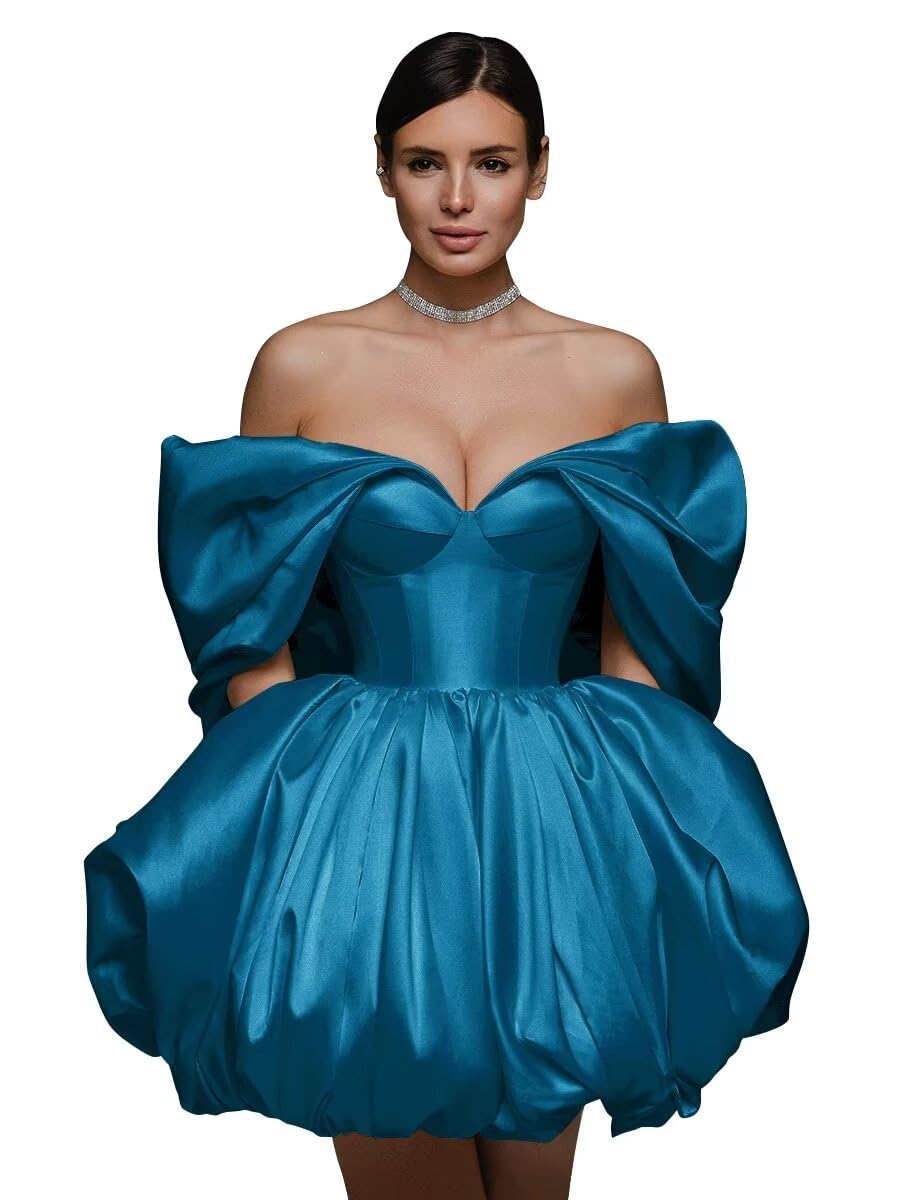 Off The Shoulder Short Wedding Dresses for Bride Puffy Satin Bridal Dresses w/Pockets Strapless Formal Ball Gowns