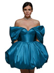 Off The Shoulder Short Wedding Dresses for Bride Puffy Satin Bridal Dresses w/Pockets Strapless Formal Ball Gowns