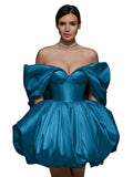 Off The Shoulder Short Wedding Dresses for Bride Puffy Satin Bridal Dresses w/Pockets Strapless Formal Ball Gowns